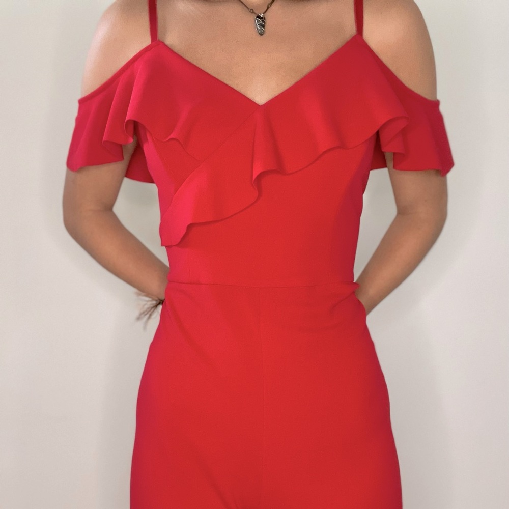 iZ Byer Red ruffle sleeve jumpsuit in Medium